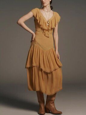 NWT Anthropologie Short-Sleeve V-Neck Ruffle Midi Dress, sz M